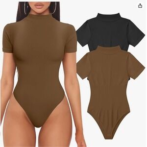 Women's 2 Piece Bodysuits Sexy Ribbed High Neck Short‎ Sleeve Black/Coffe size M